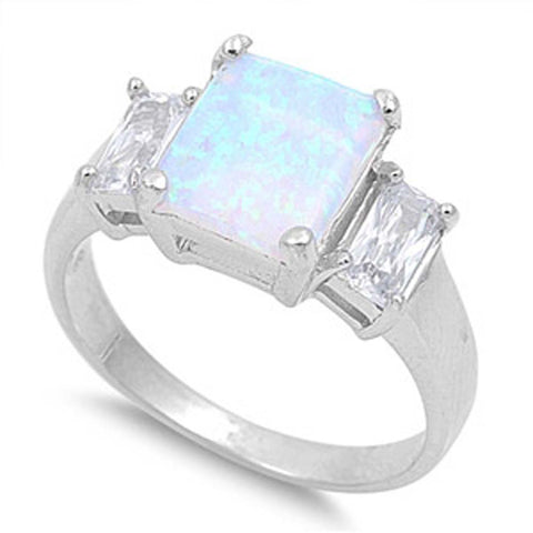 Sterling Silver Stylish Three Emerald Cut Stone Lab Opal and Clear CZ Ring with Face Height of 10MM