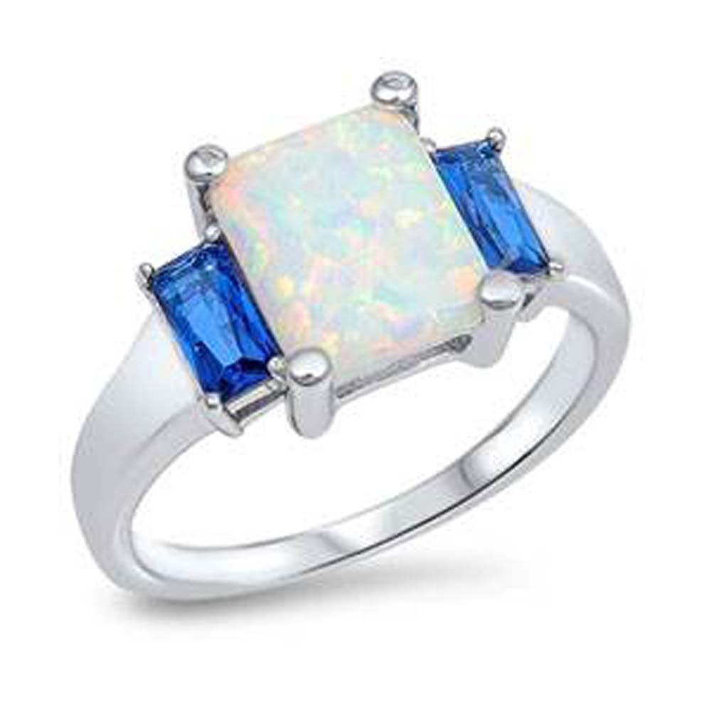 Sterling Silver Square Shape White Lab Opal Rings With Blue Sapphire CZ Stone, Face Height 10mm