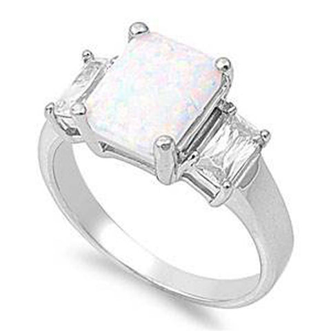 Sterling Silver Rectangle White Lab Opal Rings With CZ StonesAnd Face Height 10mm