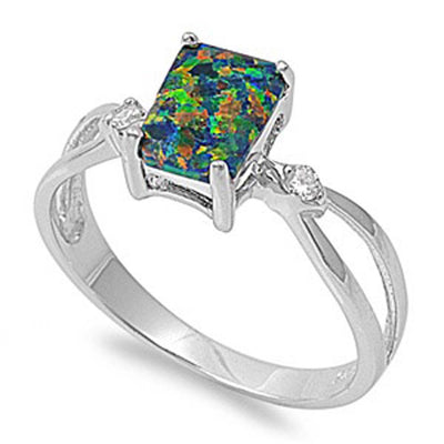 Sterling Silver Modish Black Lab Opal Emerald Cut with Clear CZ Split Band Ring, Face Height of 8MM