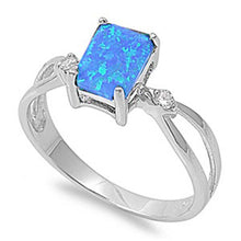 Load image into Gallery viewer, Sterling Silver Modish Blue Lab Opal Emeral Cut with Clear CZ Split Band RingAnd Face Height of 8MM