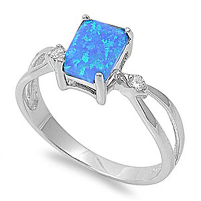 Sterling Silver Modish Blue Lab Opal Emeral Cut with Clear CZ Split Band RingAnd Face Height of 8MM