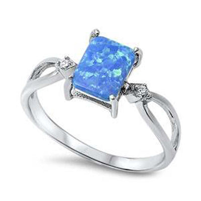 Sterling Silver Rectangle Shape Blue Lab Opal Rings With CZ StonesAnd Face Height 8mm