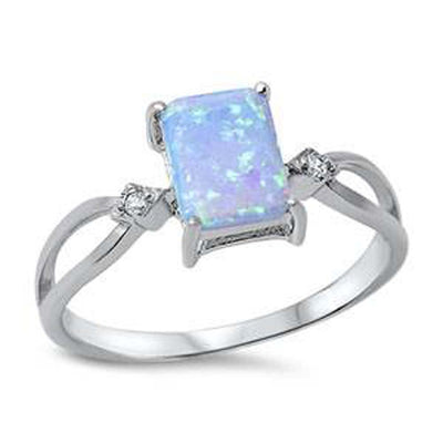 Sterling Silver Rectangle Shape Light Blue Lab Opal Rings With CZ StonesAnd Face Height 8mm