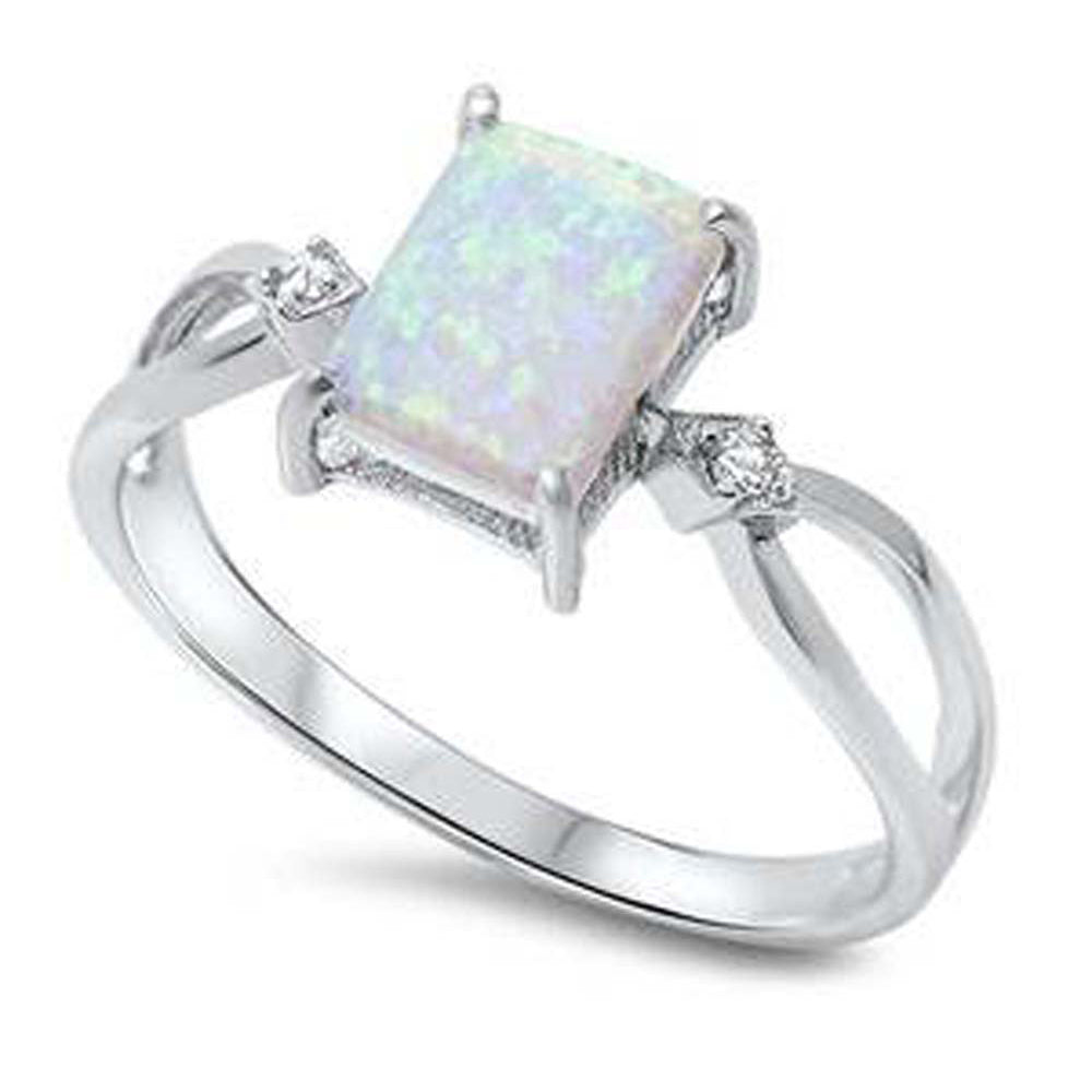 Sterling Silver Rectangle Shape White Lab Opal Rings With CZ StonesAnd Face Height 8mm