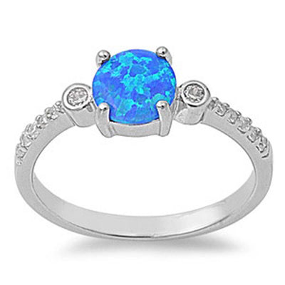 Sterling Silver Stylish Round Blue Lab Opal with Clear CZ Inlay RingAnd Face Height of 7MM