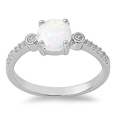 Sterling Silver Stylish Round White Lab Opal with Clear CZ Inlay RingAnd Face Height of 7MM
