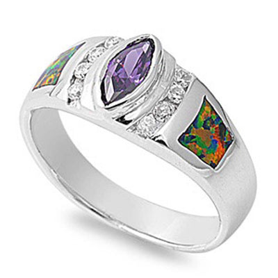 Sterling Silver Fancy Modish Amethyst CZ Bezel Set Marquise Cut with Clear CZ and Black Lab Opal Inlay RingAnd Face Height of 9MM