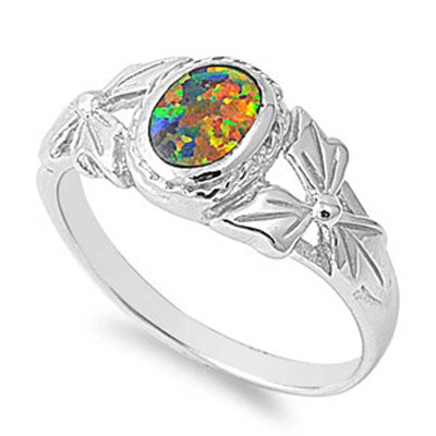 Sterling Silver Fancy Black Lab Opal Bezel Set Oval Cut Bow Design Band Ring with Face Height of 9MM