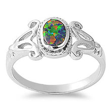 Load image into Gallery viewer, Sterling Silver Fancy Black Lab Opal Oval Cut Bezel Set Scroll Band Ring with Face Height of 9MM
