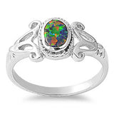 Sterling Silver Fancy Black Lab Opal Oval Cut Bezel Set Scroll Band Ring with Face Height of 9MM