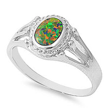 Load image into Gallery viewer, Sterling Silver Stylish Black Lab Opal Oval Cut Bezel Set Triple Split Shank Band Ring with Face Height of 10MM