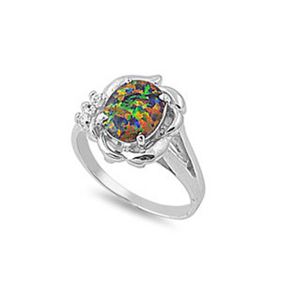Sterling Silver Fancy Modish Black Lab Opal Oval Cut with Clear CZ Split Band RingAnd Face Height of 13MM