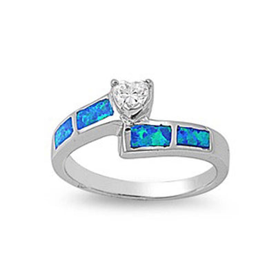 Sterling Silver Fancy Clear CZ Heart Shape with Blue Lab Opal Inlay Bypass Band RingAnd Face Height of 9MM