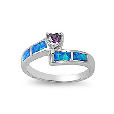 Sterling Silver Fancy Amethyst CZ Heart Shape with Blue Lab Opal Inlay Bypass Band RingAnd Face Height of 9MM