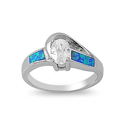 Sterling Silver Fancy Elegant Design Clear CZ Oval Cut with Blue Lab Opal Inlay RingAnd Face Height of 10MM