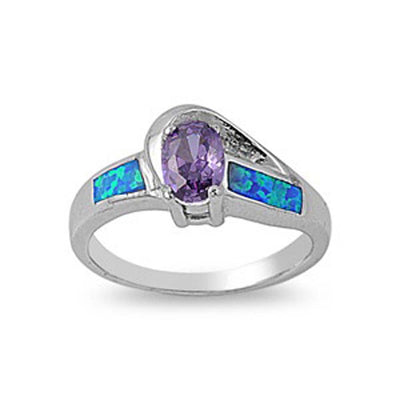 Sterling Silver Fancy Elegant Design Amethyst CZ Oval Cut with Blue Lab Opal Inlay RingAnd Face Height of 10MM