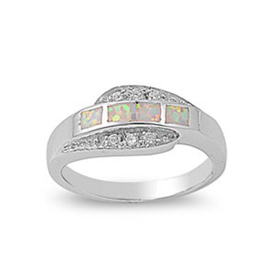 Sterling Silver Stylish White Lab Opal with Clear CZ Inlay Band RingAnd Face Height of 8MM