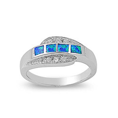 Sterling Silver Stylish Blue Lab Opal with Clear CZ Inlay Band RingAnd Face Height of 8MM