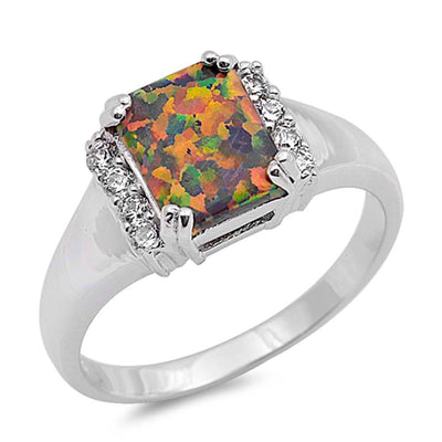 Sterling Silver Stylish Black Lab Opal Emerald Cut with Clear CZ RingAnd Face Height of 10MM