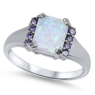 Sterling Silver Rectangle White Lab Opal Rings With Amethyst CZAnd Face Height 10mm