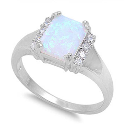 Sterling Silver Stylish White Lab Opal Emerald Cut with Clear CZ RingAnd Face Height of 10MM