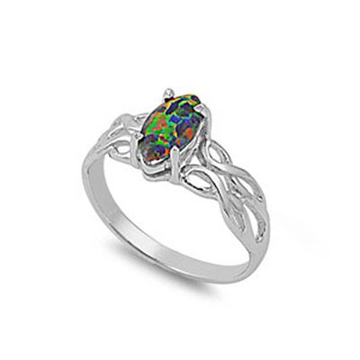 Sterling Silver Modish Black Lab Opal Marquise Cut with Celtic Knot Inlay Band RingAnd Face Height of 9MM