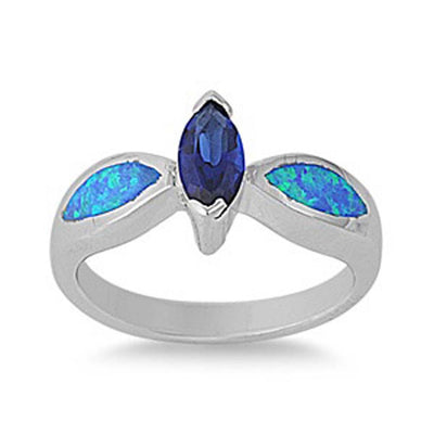 Sterling Silver Stylish Marquise Cut Blue Sapphire CZ with Blue Lab Opal Inlay RingAnd Face Height of 9MM