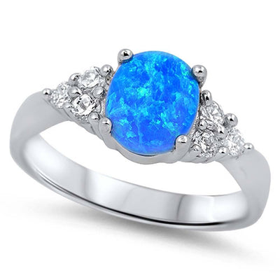 Sterling Silver Elegant Style Blue Lab Opal Oval Cut with Clear CZ Stone RingAnd Face Height of 8MM
