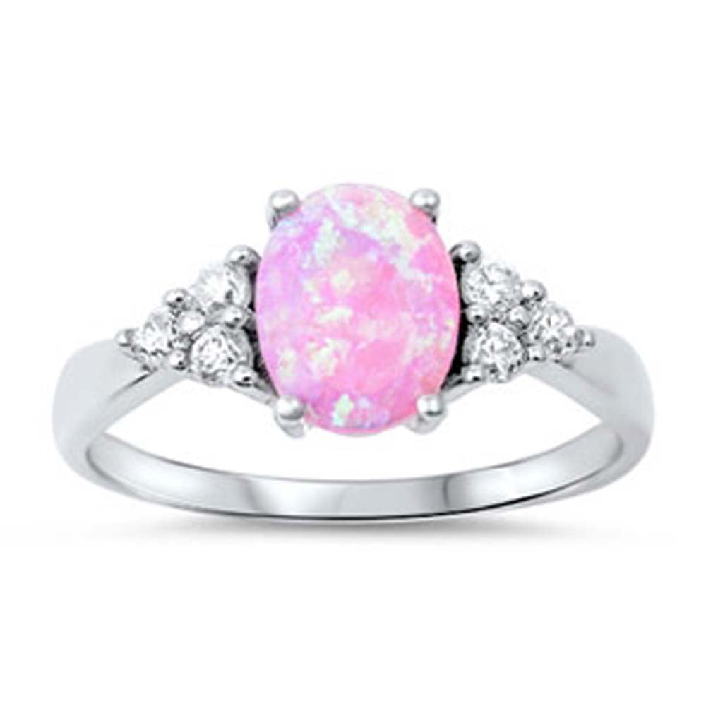 Sterling Silver Fancy Style Band Embedded with Clear Czs with Solitaire Oval Cut Pink OpalAnd Face Height of 9MM