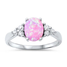 Load image into Gallery viewer, Sterling Silver Fancy Style Band Embedded with Clear Czs with Solitaire Oval Cut Pink OpalAnd Face Height of 9MM