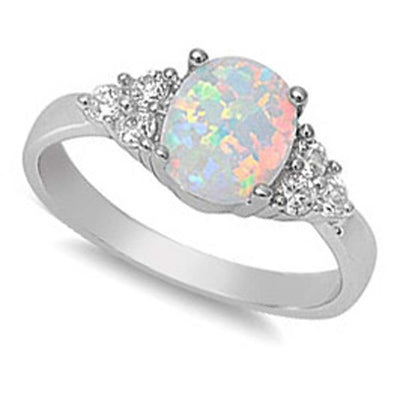 Sterling Silver Elegant Style White Lab Opal Oval Cut with Clear CZ Stone RingAnd Face Height of 8MM