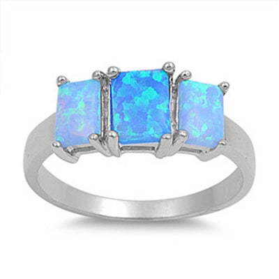 Sterling Silver Vintage Style Three Blue Lab Opal Emerald Cut Design RingAnd Face Height of 7MM