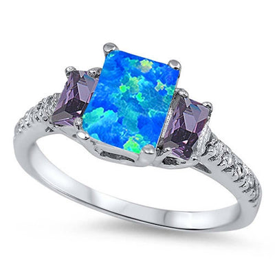 Sterling Silver Vintage Style Blue Lab Opal Amethyst CZ Emerald Cut Inlay with Clear CZ RingAnd Face Height of 9MM