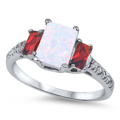 Sterling Silver Vintage Style White Lab Opal Garnet CZ Emerald Cut Inlay with Clear CZ RingAnd Face Height of 9MM