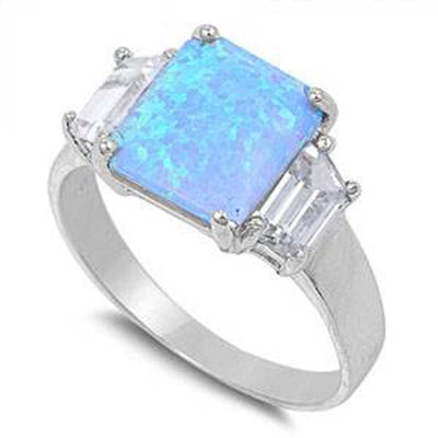 Sterling Silver Square Light Blue Lab Opal Rings With CZ StonesAnd Face Height 11mm