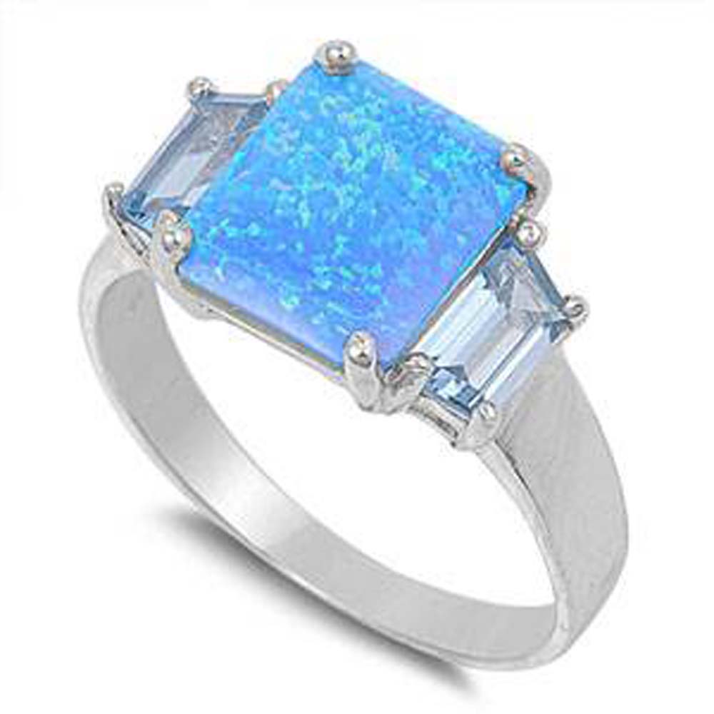 Sterling Silver Stylish Three Princess Cut Stone Blue Lab Opal and Clear CZ Ring with Face Height of 11MM