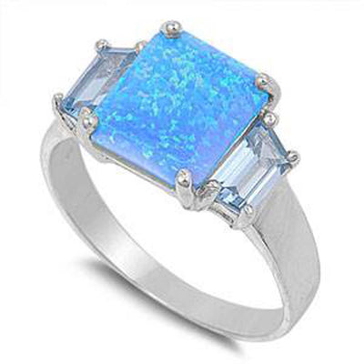 Sterling Silver Stylish Three Princess Cut Stone Blue Lab Opal and Clear CZ Ring with Face Height of 11MM