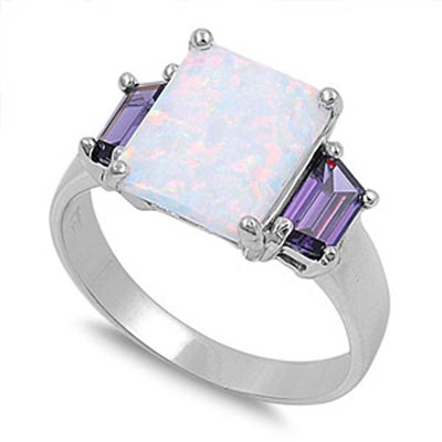 Sterling Silver Stylish Three Princess Cut Stone White Lab Opal and Amethyst CZ Ring with Face Height of 11MM