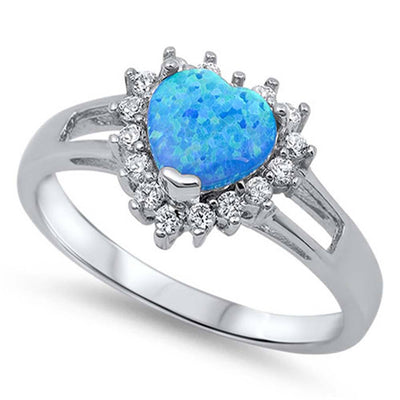 Sterling Silver Trendy Modish Blue Lab Opal Heart Shape with Halo Clear CZ Split Band RingAnd Face Height of 12MM