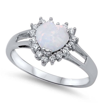 Sterling Silver Trendy Modish White Lab Opal Heart Shape with Halo Clear CZ Split Band RingAnd Face Height of 12MM