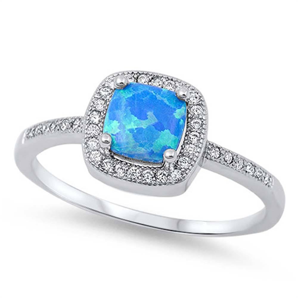 Sterling Silver Stylish Blue Lab Opal Cushion Cut with Halo and Inlay Clear CZ Ring, Face Height of 9MM