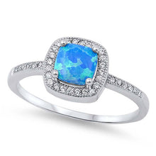 Load image into Gallery viewer, Sterling Silver Stylish Blue Lab Opal Cushion Cut with Halo and Inlay Clear CZ RingAnd Face Height of 9MM
