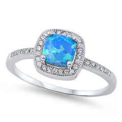 Sterling Silver Stylish Blue Lab Opal Cushion Cut with Halo and Inlay Clear CZ RingAnd Face Height of 9MM