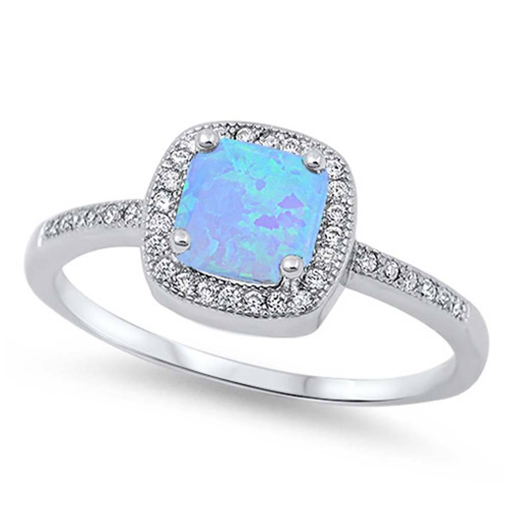 Sterling Silver Square Shape Light Blue Lab Opal Rings with CZ Stones, Face Height 9mm