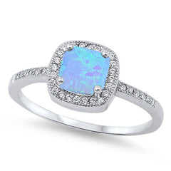 Sterling Silver Square Shape Light Blue Lab Opal Rings With CZ StonesAnd Face Height 9mm