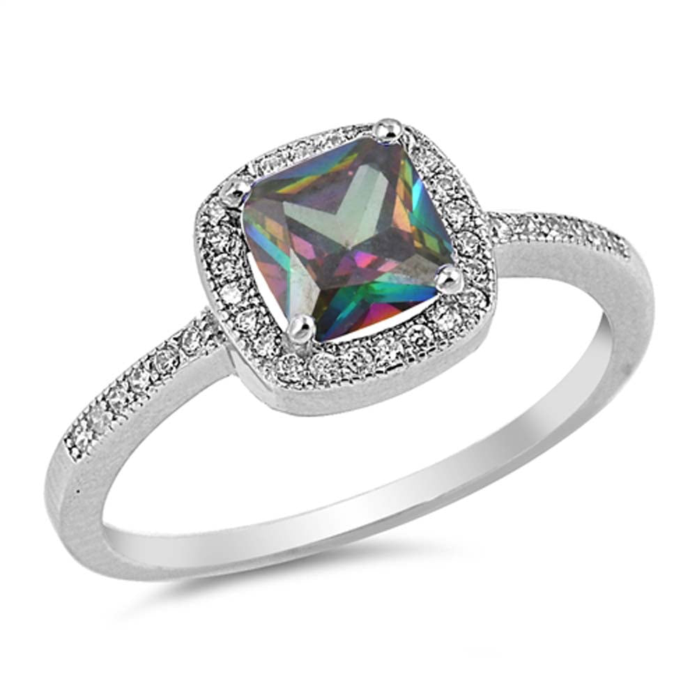 Sterling Silver Cushion Cut with Rainbow Topaz and Cubic Zirconia Ring