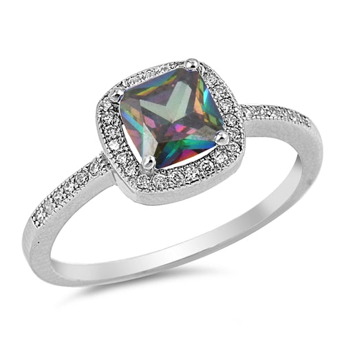 Sterling Silver Cushion Cut With Rainbow Topaz And Cubic Zirconia Ring