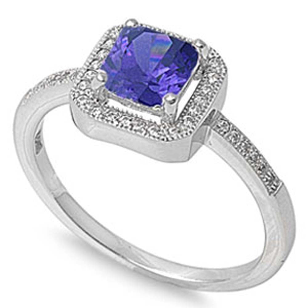 Sterling Silver Solitaire Princess Cut Tanzanite CZ with Halo Setting Inlaid with Clear CZ Ring, Face Height of 9MM