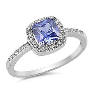 Sterling Silver Classy Solitaire Princess Cut Tanzanite Cz with Halo Setting Inlaid with Clear Czs RingAnd Face Height of 9MM